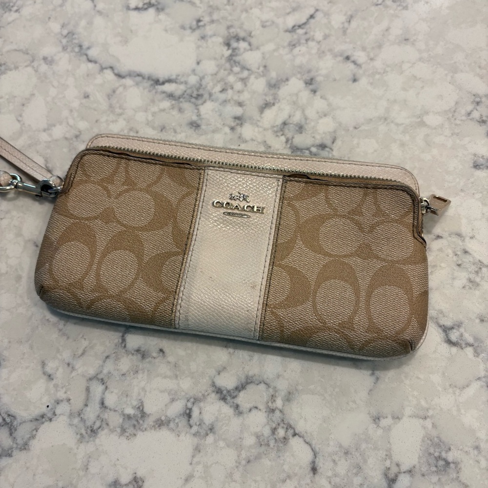 Coach Beige Double Zip Signature C Canvas Wallet w/White Trim